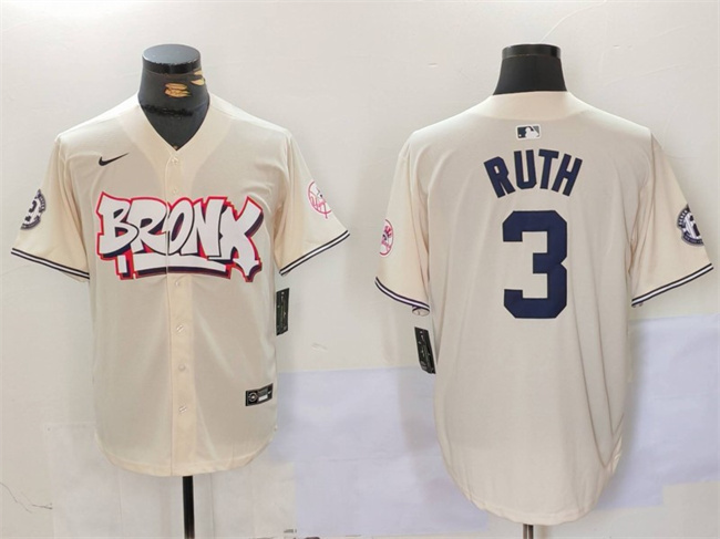 Men's New York Yankees #3 Babe Ruth Cream Bronx Graffiti V2 Vapor Limited Stitched Baseball Jersey